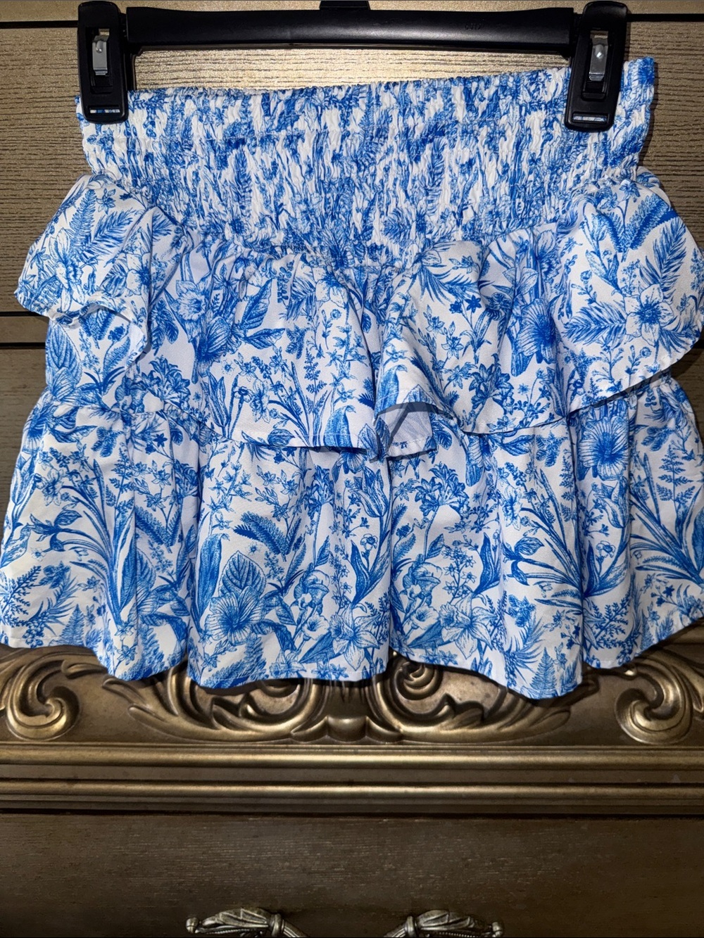 SHEIN White and Blue Floral Ruffle Mini Skirt